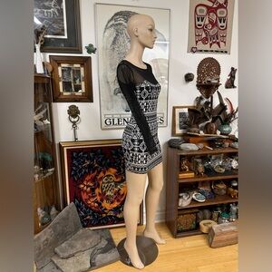 Black and White Geometric Sheer Long Sleeve Dress